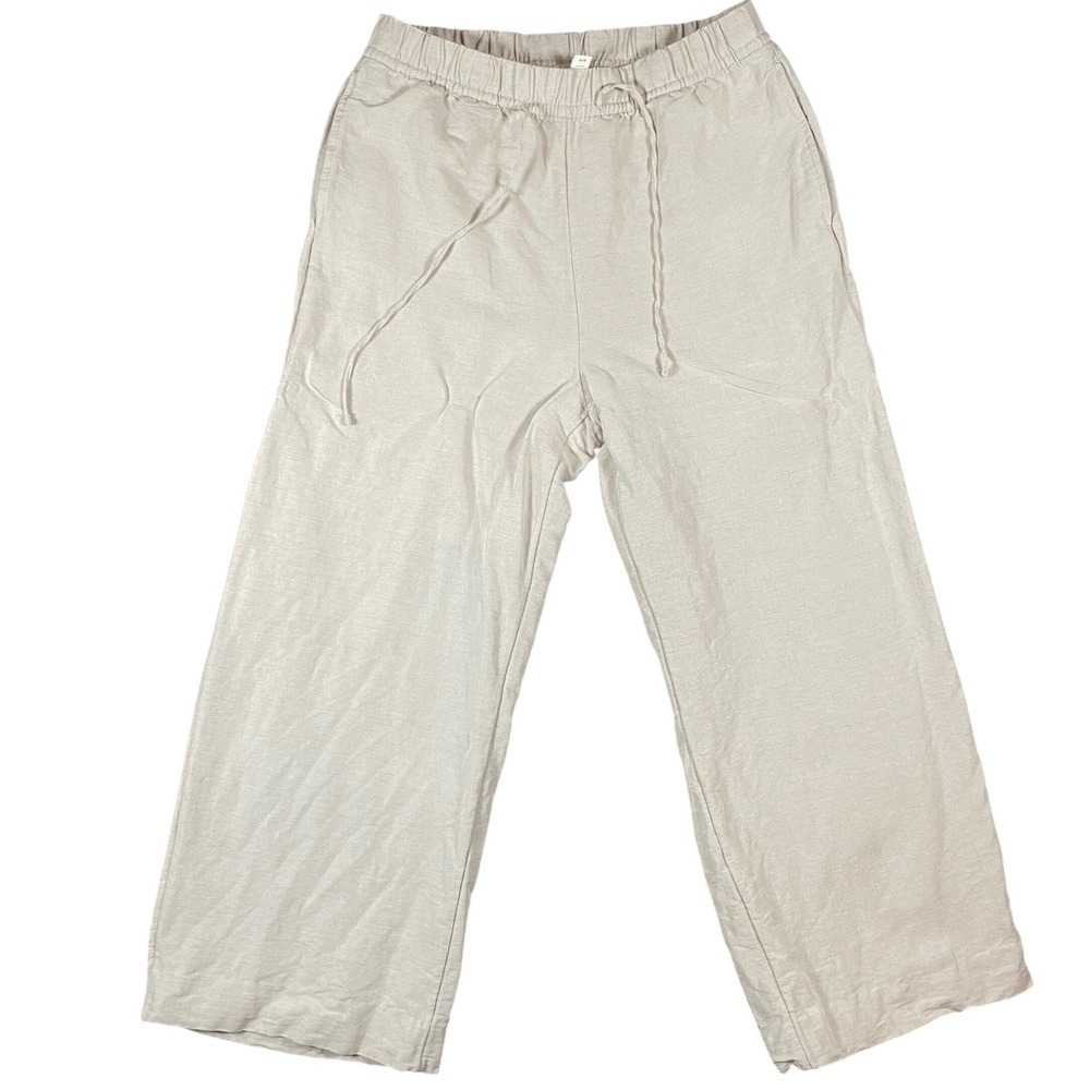 HM Womens Linen Blend Wide Leg Pants S Beige Oatmeal Elastic Waist Minimalist